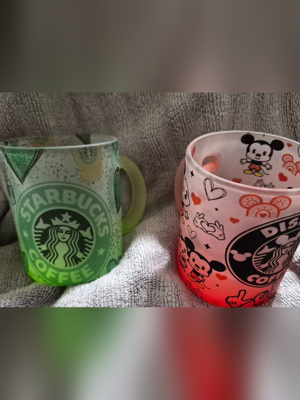 STARBUCKS SMOKED GREEN AND RED COFFEE CUPS